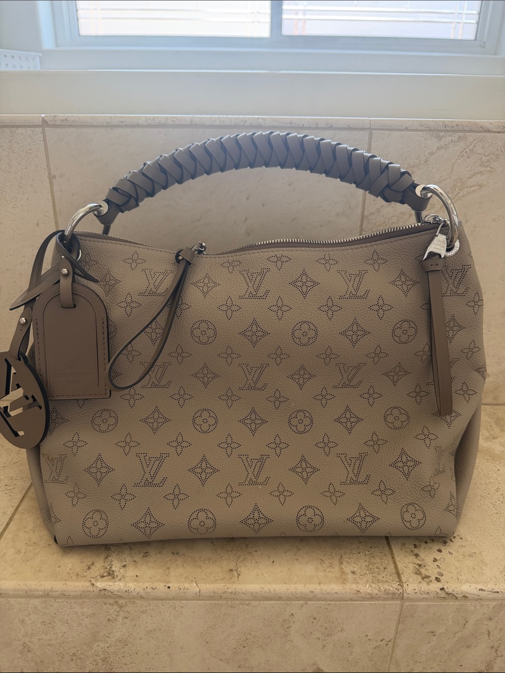 Louis Vuitton Mahina Monogram Leather Handbag Taupe Gray